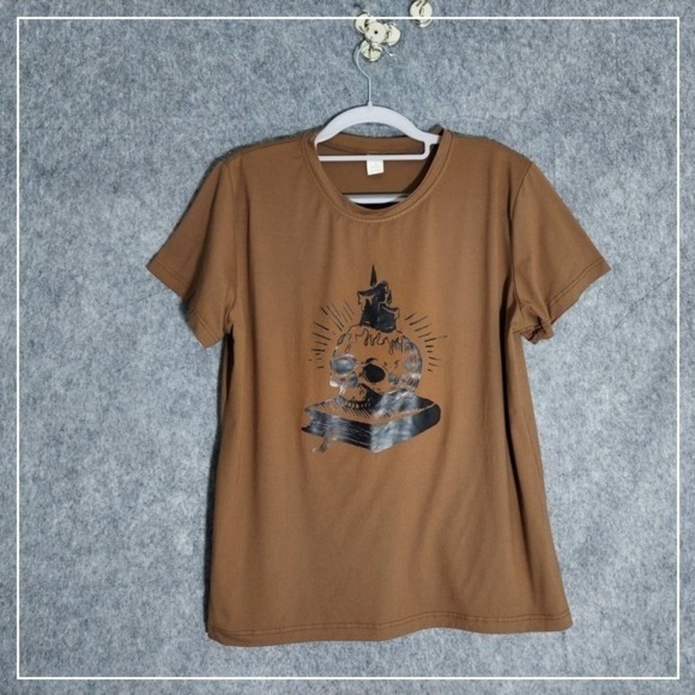 Romwe Shirt Women L Brown Skull Book Graphic Short Sleeve Dark Academia Grunge
